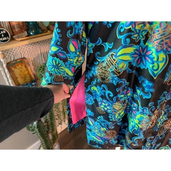 Alice Polynesian Womens Nehru Tiki Jacket Blue Floral Zip Up Mandarin Vintage M - Picture 10 of 12